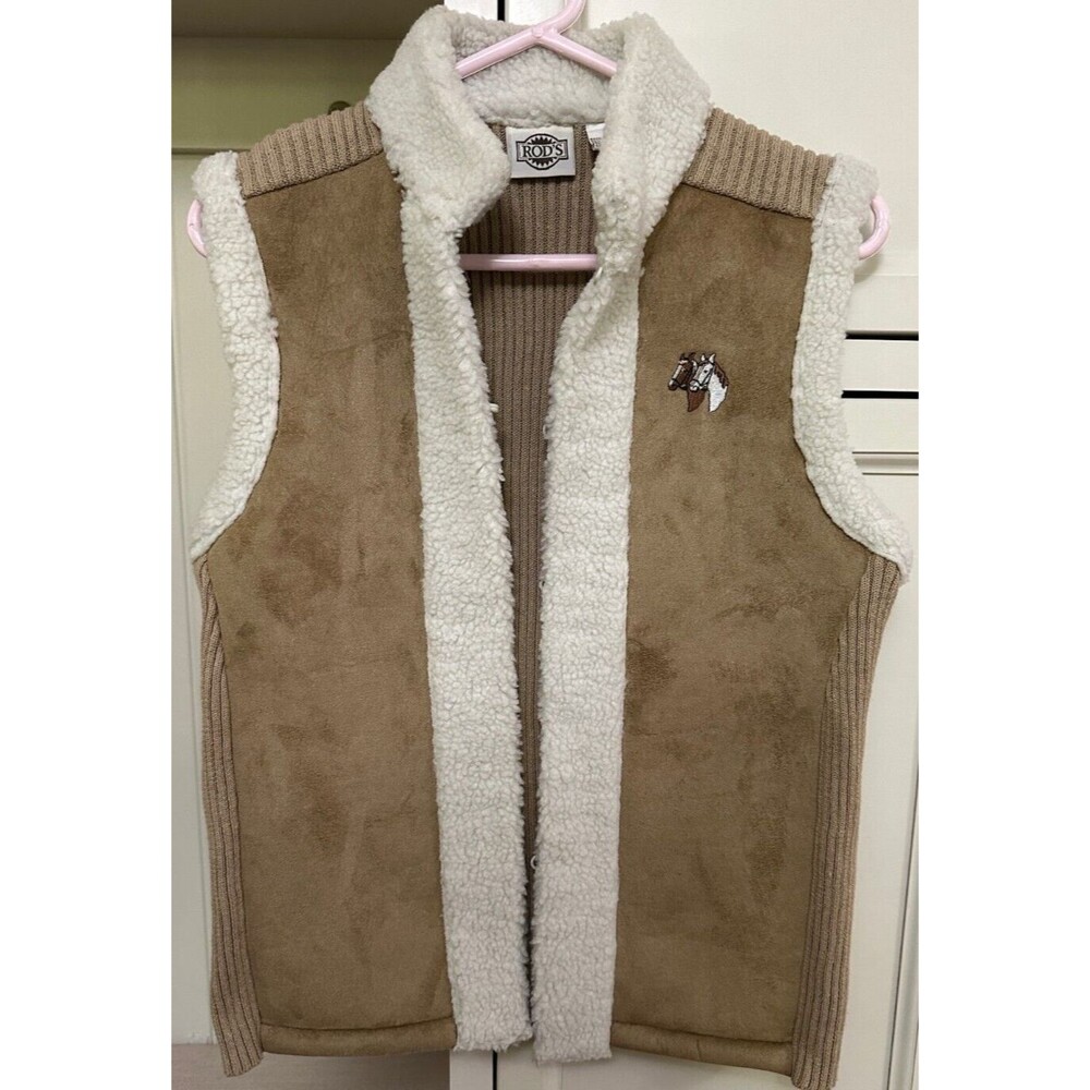 Vintage ROD's Western Womens Vest Equestrian Tan & White Double Horse Logo, Sz M
